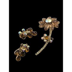 Vintage Verified Juliana Flower Rhinestone Brooch & Clip-On Earrings Set (A9288)